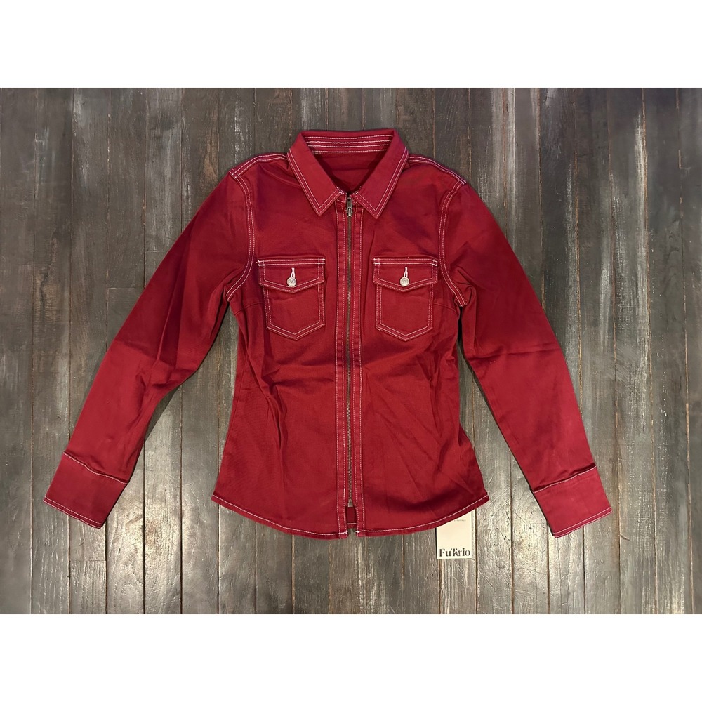 Fu&Tario Womens Burgundy Red‎ Zip Up Western Jacket Contrast Stitching